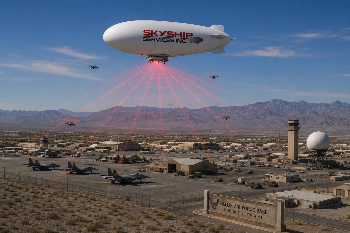 A170 airship providing counter-UAS overwatch of a military airbase flight line