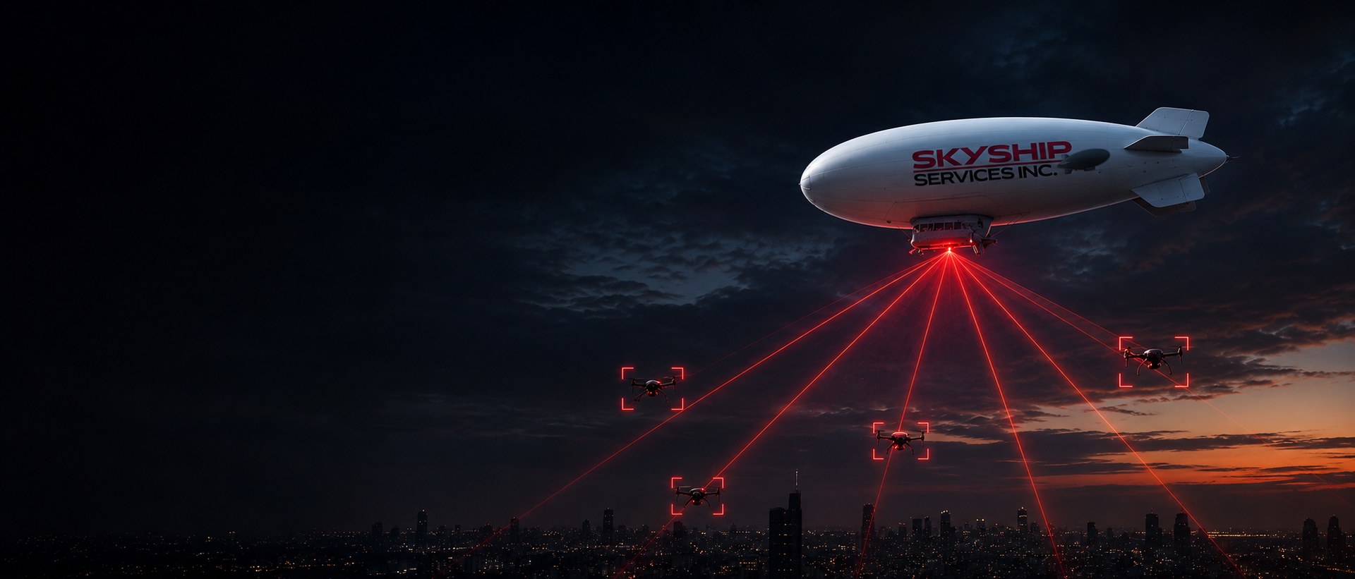 Skyship A170 airship on counter-UAS overwatch, tracking drones over a city at dusk