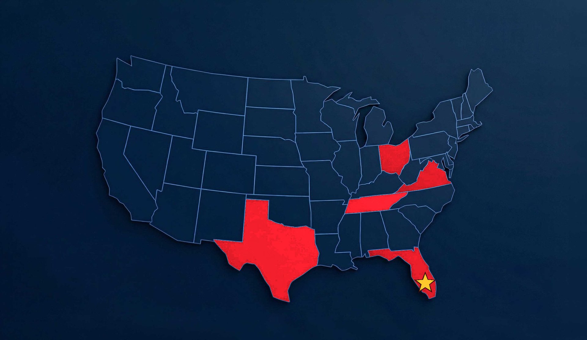 Map of the United States with Ohio, Virginia, Tennessee, Texas and Florida highlighted in red — the states where Skyship Services operates facilities and TARS field sites